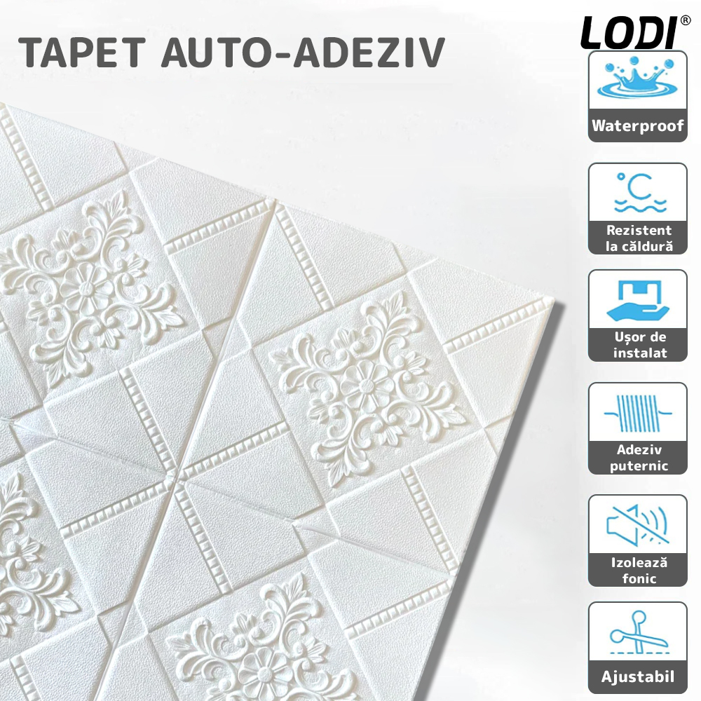 Set Tapet 3D Lodi115, suprafata acoperire 4.9 mp, autoadeziv, perete/tavan, model floral, waterproof, usor de montat, design modern, 70x70 cm, alb