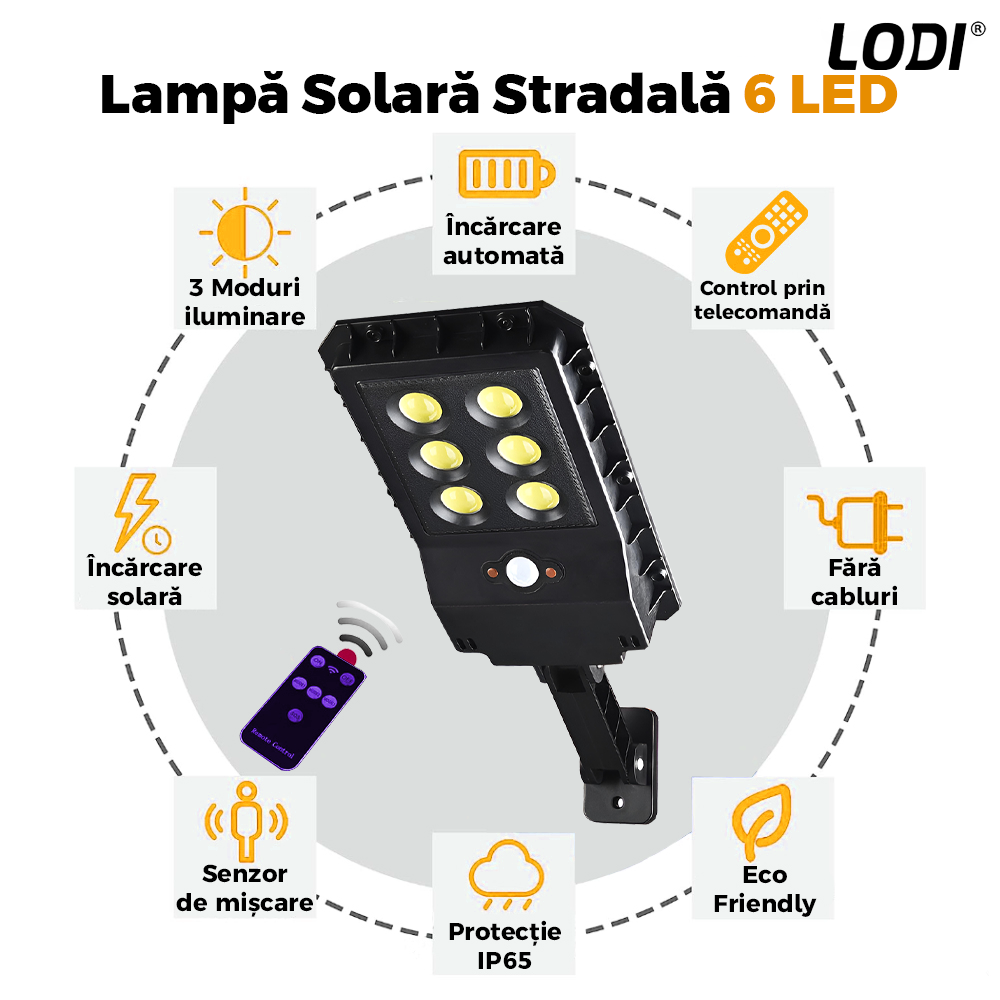 Lampa Solara Stradala 6 LED-uri Lodi864, tip bec, control prin telecomanda, senzor de miscare, 3 moduri de iluminare, protectie IP65, Waterproof, exterior, negru