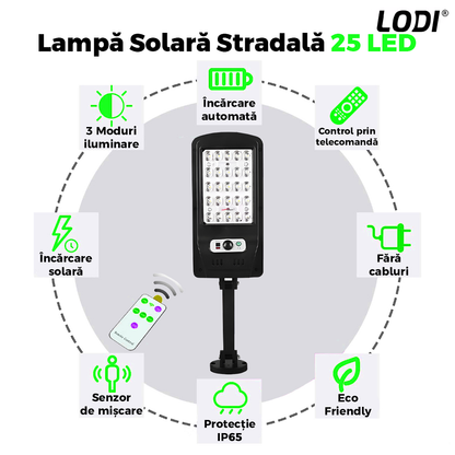 Lampa Solara Stradala 25 LED-uri Lodi879, control prin telecomanda, senzor de miscare, 3 moduri de iluminare, protectie IP65, Waterproof, exterior, negru