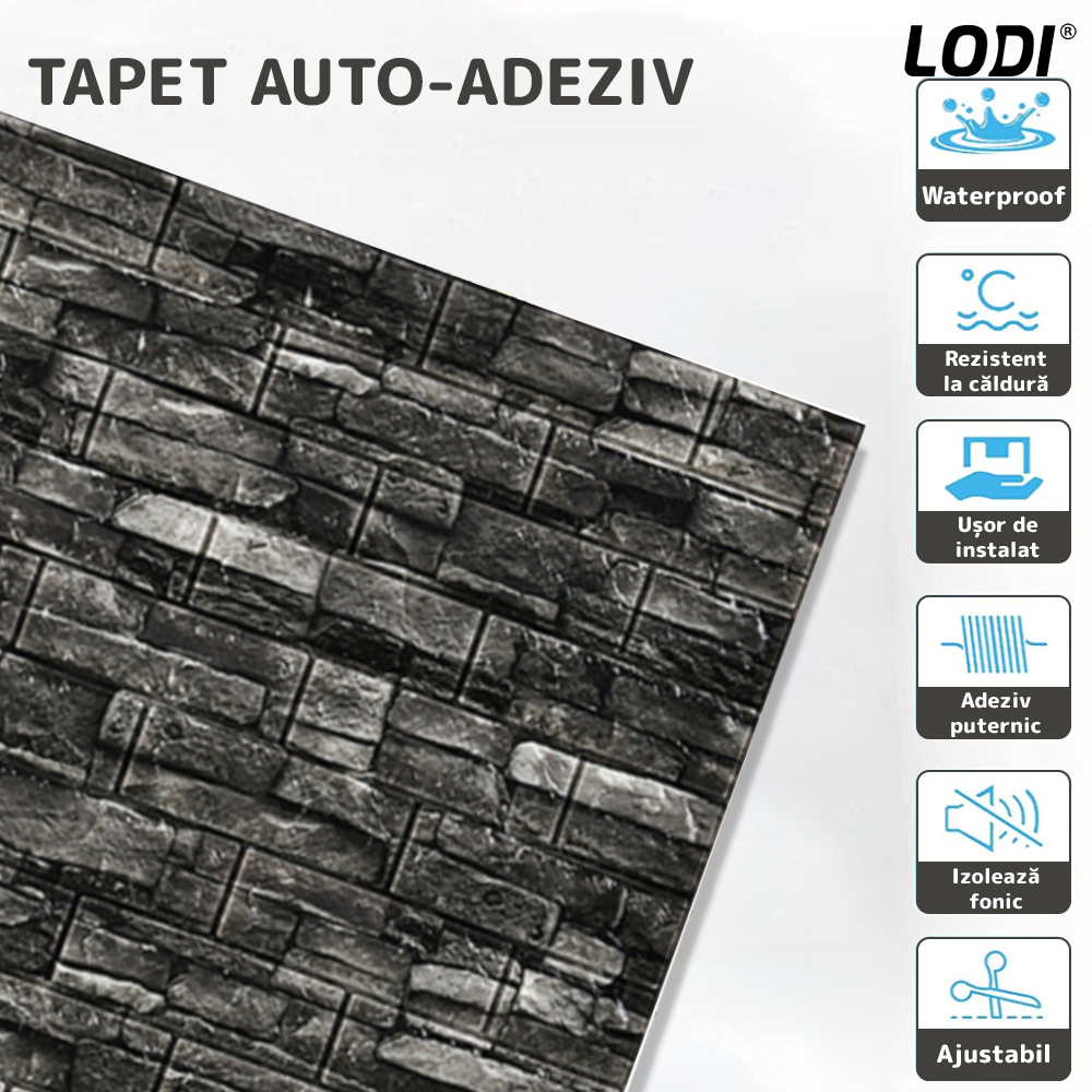 Set Tapet Caramida 3D Lodi82, Model Piatra Naturala, suprafata acoperire 5.3 mp,autoadeziv, waterproof, usor de montat, design modern, 70x77 cm, gri inchis