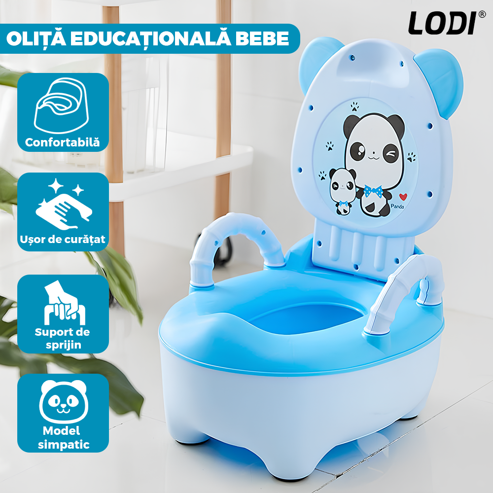 Olita Educationala Lodi653, model panda, imita toaleta, capac cu urechiuse, recipient detasabil, confortabila, albastru
