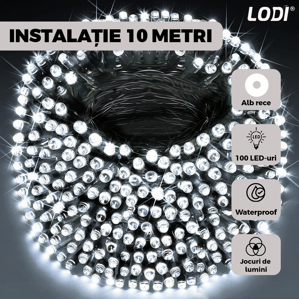 Instalatie de Craciun Liniara cu Panou Solar Lodi1459, 10 m, 8 jocuri de lumini, alimentare la priza, fir verde, interior/exterior, rezistenta la apa, 100 LED-uri, alb rece