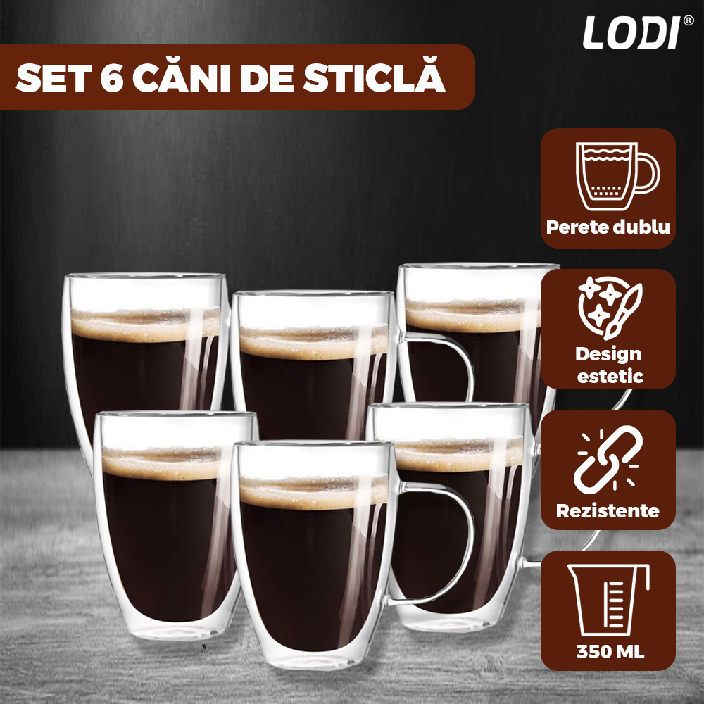 Set 6 Cani de Sticla cu Perete Dublu Lodi421, model rotund, design modern, termorezistente, capacitate 350 ml, 12 x 9 cm