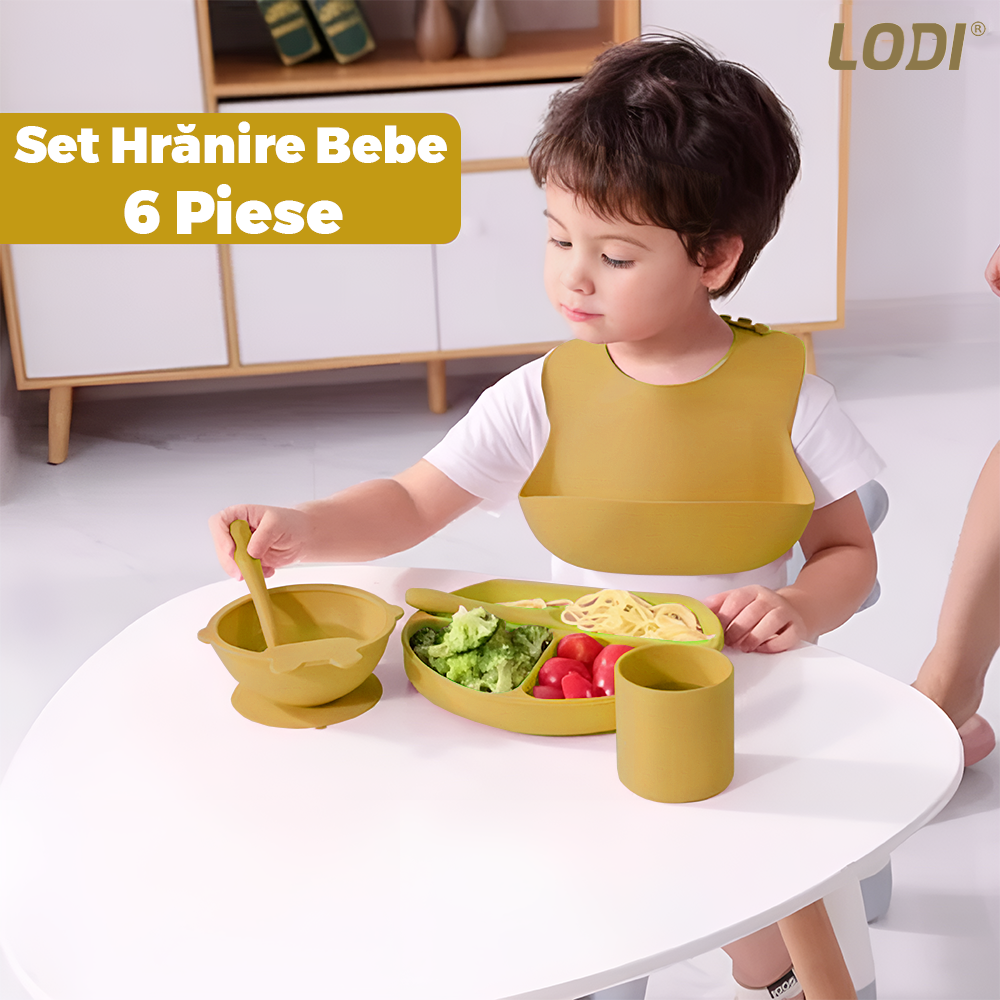 Set Hranire Bebeulsi Lodi1009, 6 piese, termorezistente, silicon, fara BPA, pliabile, usor de curatat, galben ocru
