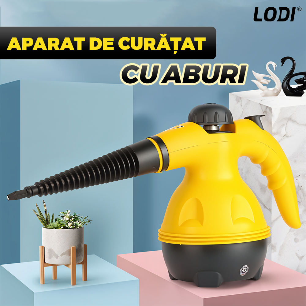 Aparat de Curat cu Abur Lodi1515, 3 Bar, incalzire imediata, capacitate mare, rezervor de 350 ml, presiune ridicata, temperatura 100-150°, accesorii incluse, putere 1200 W, galben/negru