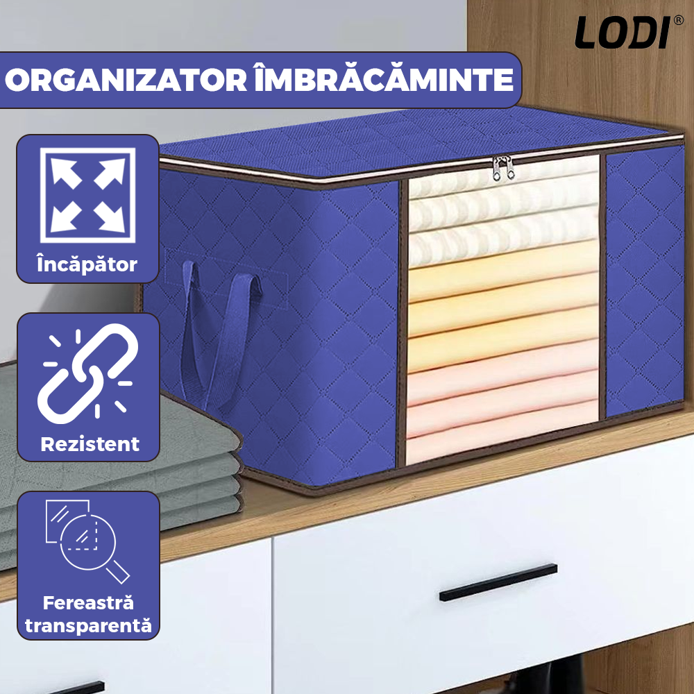 Cutie Depozitare si Organizare Lodi1031, pliabila, maner ranforsat si fereastra transparenta, pentru haine/paturi/ plapumi/ perne/ lenjerii de pat/jucarii, 84 L, 60x 40x 35 cm, albastru