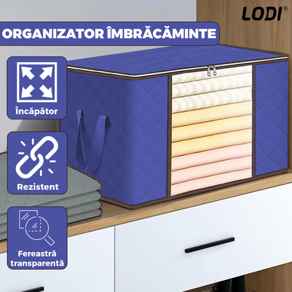 Cutie Depozitare si Organizare Lodi1031, pliabila, maner ranforsat si fereastra transparenta, pentru haine/paturi/ plapumi/ perne/ lenjerii de pat/jucarii, 84 L, 60x 40x 35 cm, albastru