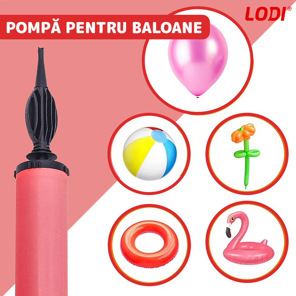 Pompa Manuala Pentru Umflat Baloane cu Dublu Sens Lodi371, multifunctionala, materiale calitative, umflare rapida, rosu/negru, 28 cm