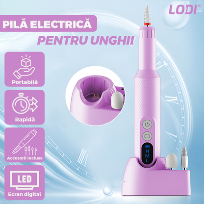 Pila Electrica Profesionala pentru Unghii Lodi1192, freza wireless, 18000 RPM, ecran LED, manichiura-pedichiura, 12 capete pentru pila, 36 benzi de slefurie, portabila, lila