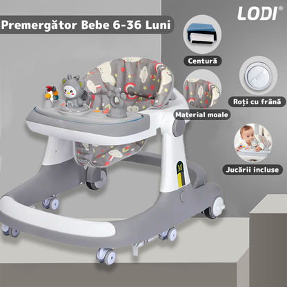 Premergator Multifunctional pentru Bebelusi Lodi637, tava cu 3 jucarii, muzica, reglabil, pliabil, greutate max 20kg, 6-36 luni, gri deschis