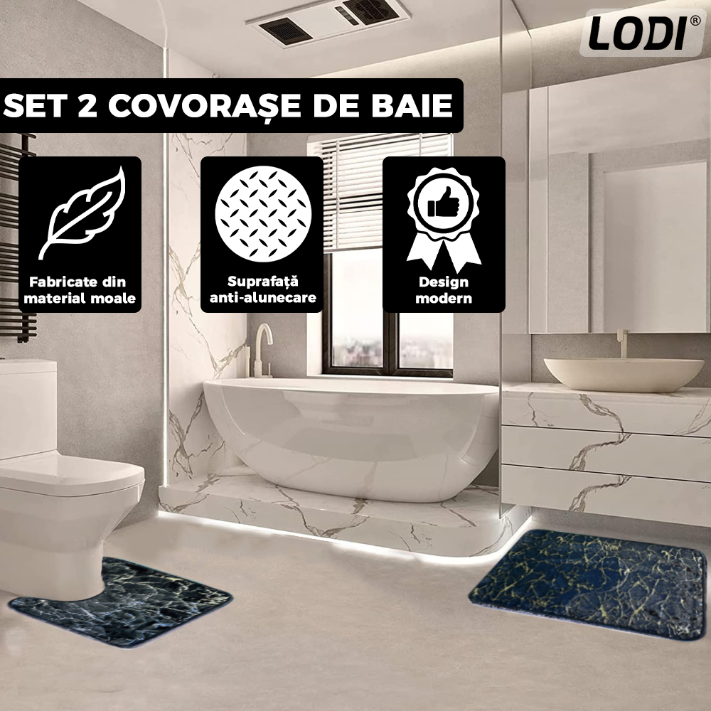 Set 2 Covorase de Baie Lodi443, anti-derapante, material moale, design modern, finisaj auriu, Model 13, 80x50 & 50x40cm, negru