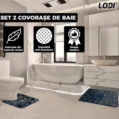 Set 2 Covorase de Baie Lodi443, anti-derapante, material moale, design modern, finisaj auriu, Model 13, 80x50 & 50x40cm, negru