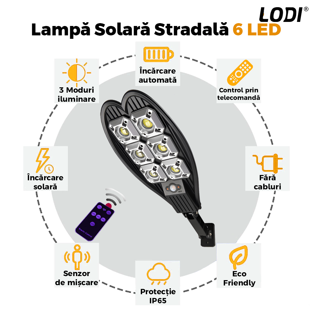 Lampa Solara Stradala 6 LED-uri Lodi866, tip bec, rotunda, control prin telecomanda, senzor de miscare, 3 moduri de iluminare, protectie IP65, Waterproof, exterior, negru