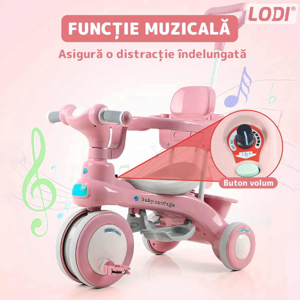 Tricicleta Multifunctionala Lodi1105, structura stabila, pedale anti-derapante, suport picioare, cosulet pe spate, spatar detasabil, parasolar, muzica incorporata, roz