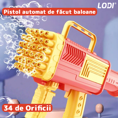 Pistol de Facut Baloane Bubble Gun Lodi65, tip Bazooka, automat, 34 orificii pentru bule, alimentare cu baterii, portocaliu/rosu