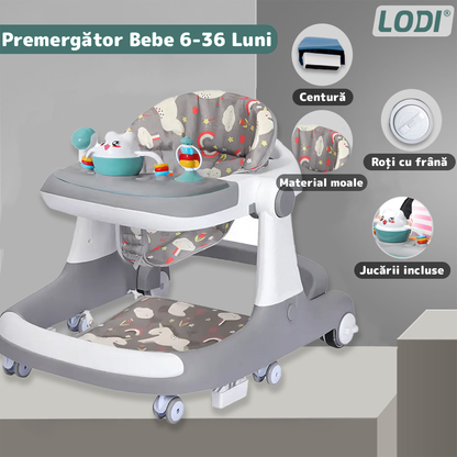Premergator Multifunctional pentru Bebelusi Lodi1100, tava cu 3 jucarii, pisica, muzica, reglabil, pliabil, greutate max 20kg, 6-36 luni, gri