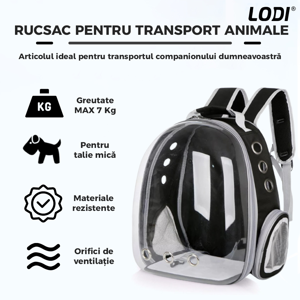Rucsac Transport Animale Lodi372, greutate Max 7kg, hublou panoramic transparent, buzunar lateral, 2 iesiri, pentru talie mica, negru