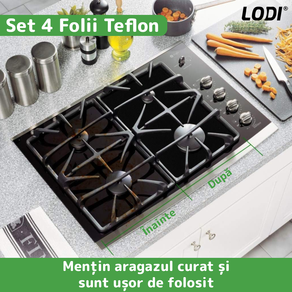 Set 4 Folii Protectie Teflon Lodi88, pentru aragaz sau plita, detasabile, ajustabile, usor de curatat, anti-aderente, negru