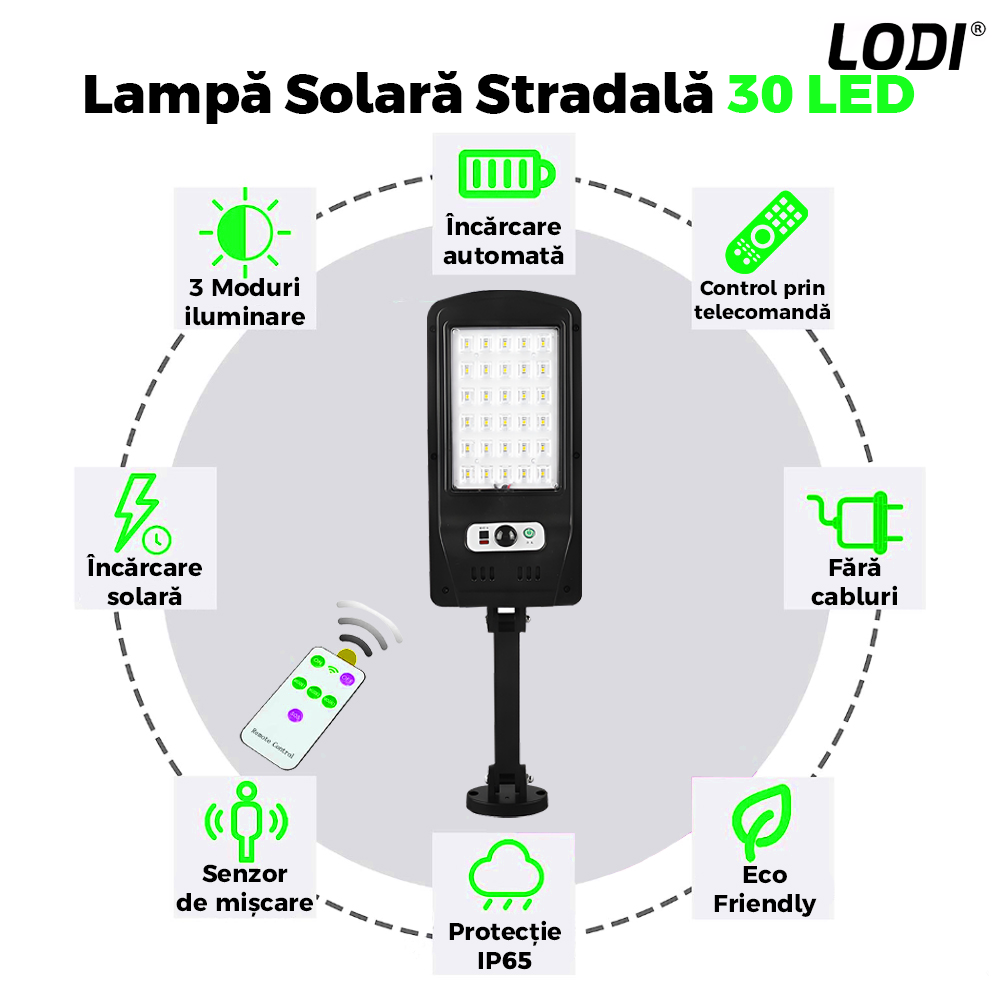 Lampa Solara Stradala 30 LED-uri Lodi878, control prin telecomanda, senzor de miscare, 3 moduri de iluminare, protectie IP65, Waterproof, exterior, negru