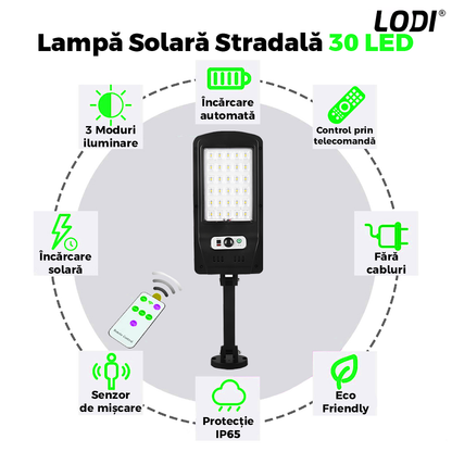 Lampa Solara Stradala 30 LED-uri Lodi878, control prin telecomanda, senzor de miscare, 3 moduri de iluminare, protectie IP65, Waterproof, exterior, negru