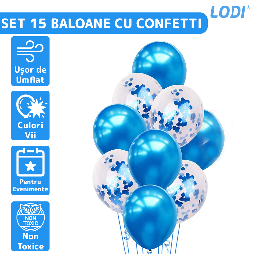 Set 15 Baloane Lodi259, Confeti, pentru Petreceri/Aniversari/Evenimente, o singura dimensiune, 3 culori, latex, albastru/alb/transparent