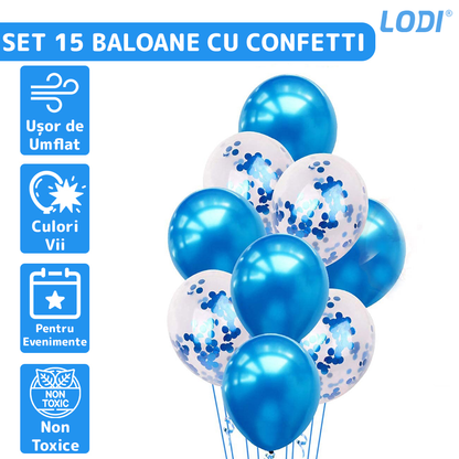 Set 15 Baloane Lodi259, Confeti, pentru Petreceri/Aniversari/Evenimente, o singura dimensiune, 3 culori, latex, albastru/alb/transparent