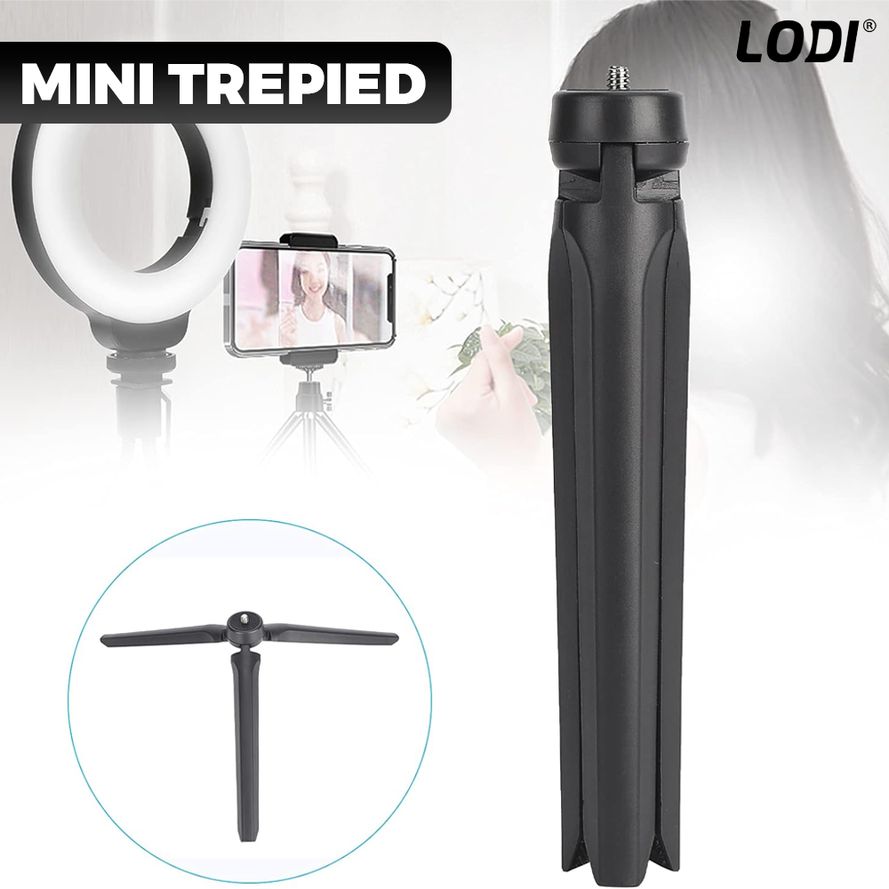 Mini Trepied Lodi1312, pentru telefon, aparat foto, camera video,lampa circulara, materiale calitative, surub universal, picioruse anti-derapante, portabil, ergonomic, 20 x 3 cm, negru