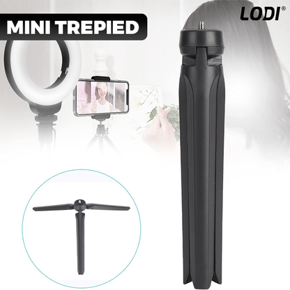 Mini Trepied Lodi1312, pentru telefon, aparat foto, camera video,lampa circulara, materiale calitative, surub universal, picioruse anti-derapante, portabil, ergonomic, 20 x 3 cm, negru