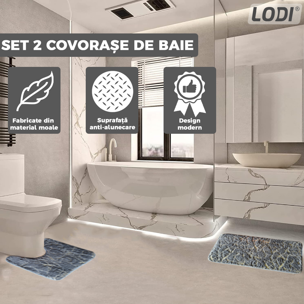 Set 2 Covorase de Baie Lodi432, anti-derapante, material moale, design modern, finisaj auriu, Model 2, 80x50 & 50x40cm, gri inchis