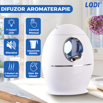 Difuzor Aromaterapie Lodi606, cu ultrasunete, design minimalist, 7 culori LED, 2 moduri de eliberare a aerului, capacitate 8000ml, silentios, umidifica aerul, alb