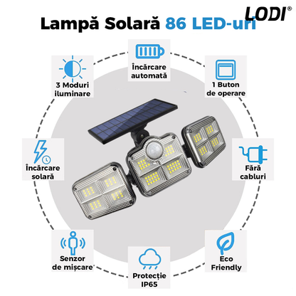 Lampa Solara Tripla 86 LED-uri Lodi263, senzor de miscare, 3 moduri de iluminare, protectie IP65, Waterproof, exterior, negru