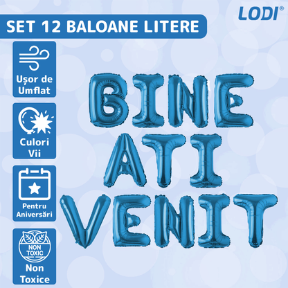 Set 12 Baloane Lodi1286, Litere, pentru Petreceri/Aniversari/Evenimente, o singura dimensiune, o culoare, metalizate, folie, model BINE ATI VENIT albastru, 45 cm