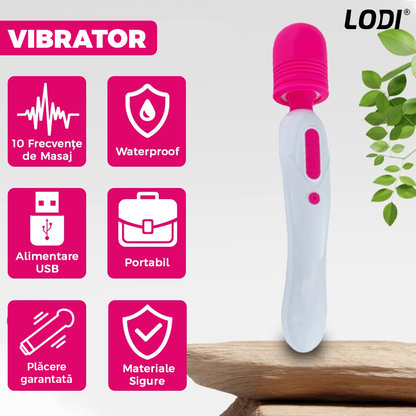 Aparat de Masaj Lodi1096, 10 Frecvente de Vibratii, waterproof, alimentare USB, portabil, elimina durerile musculare, roz/alb
