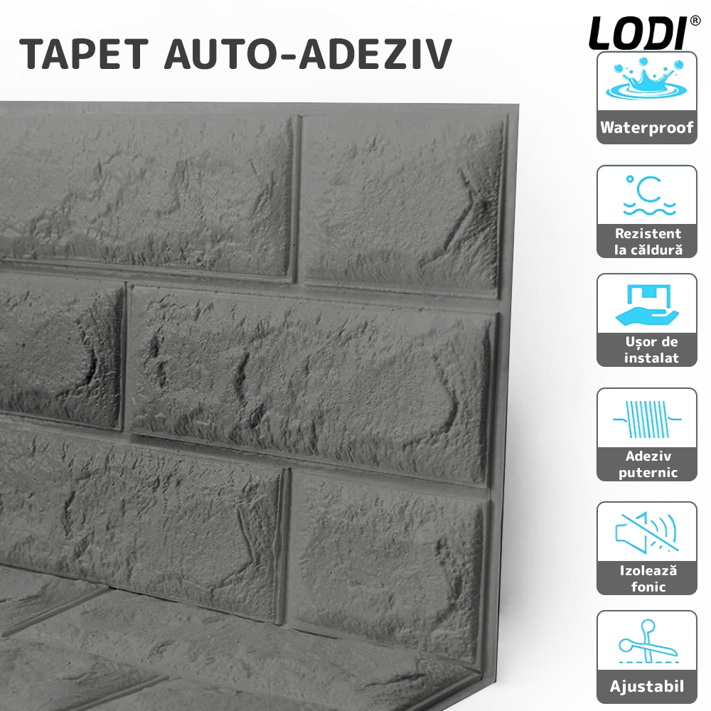 Set Tapet Mic Caramida 3D Lodi103, suprafata acoperire 3.31 mp, autoadeziv, waterproof, usor de montat, design modern, 38.5x34 cm, gri