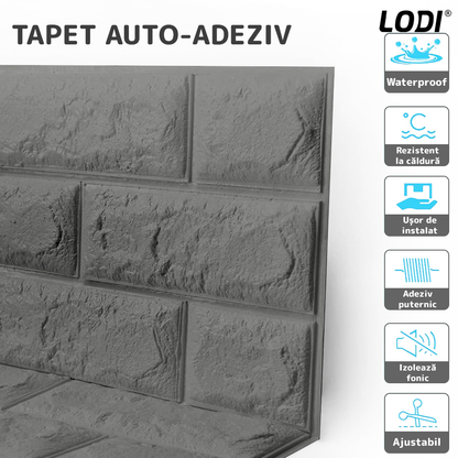 Set Tapet Mic Caramida 3D Lodi103, suprafata acoperire 3.31 mp, autoadeziv, waterproof, usor de montat, design modern, 38.5x34 cm, gri