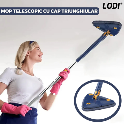 Mop cu Cap Triunghiular Lodi321, rotire 360 grade, telescopic, curatare usoara, 4 lavete incluse, 127 cm, albastru/galben