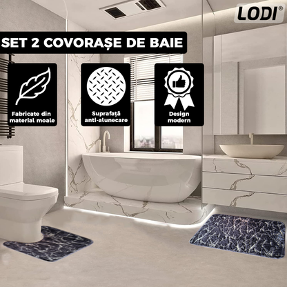 Set 2 Covorase de Baie Lodi442, anti-derapante, material moale, design modern, finisaj auriu, Model 12, 80x50 & 50x40cm, maro