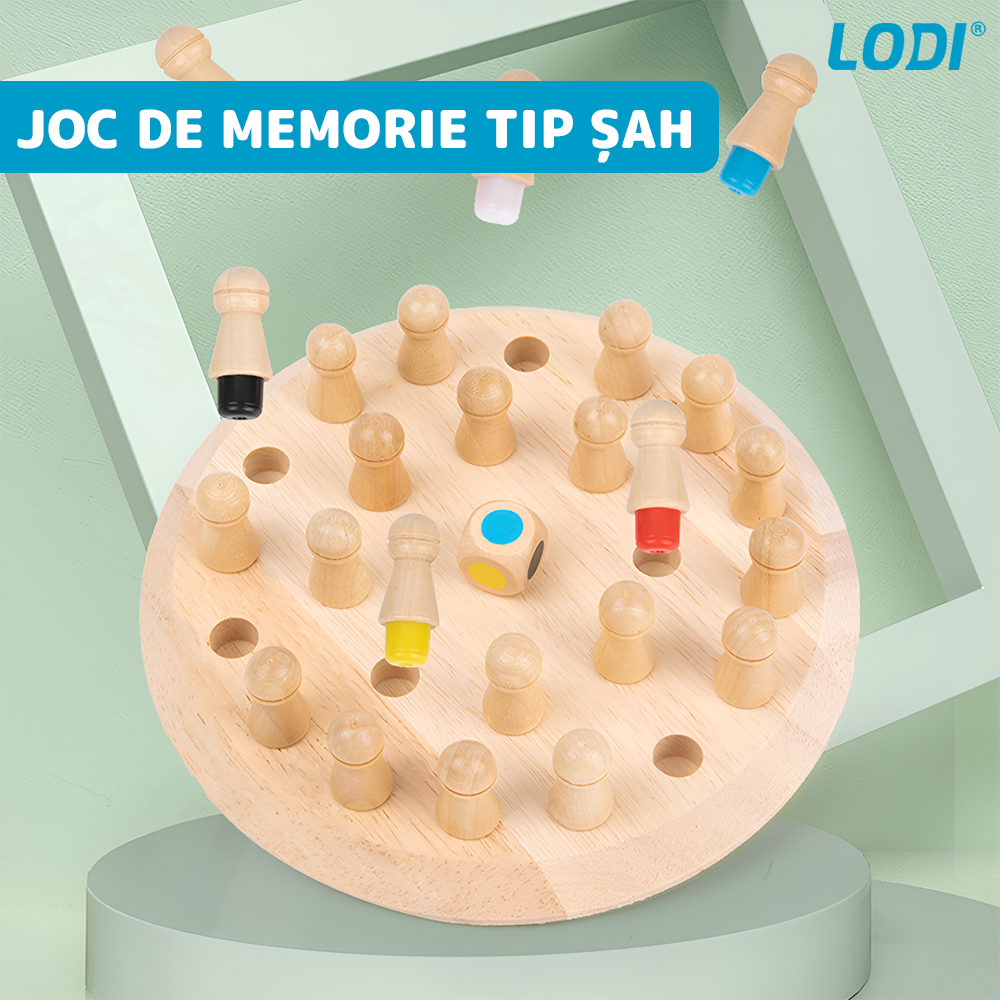 Joc de Memorie tip Sah Lodi1198, pentru copii, tabla de lemn rotunda, piese colorate, dezvolta abilitatile de memorare si inteligenta, zar inclus, multicolor