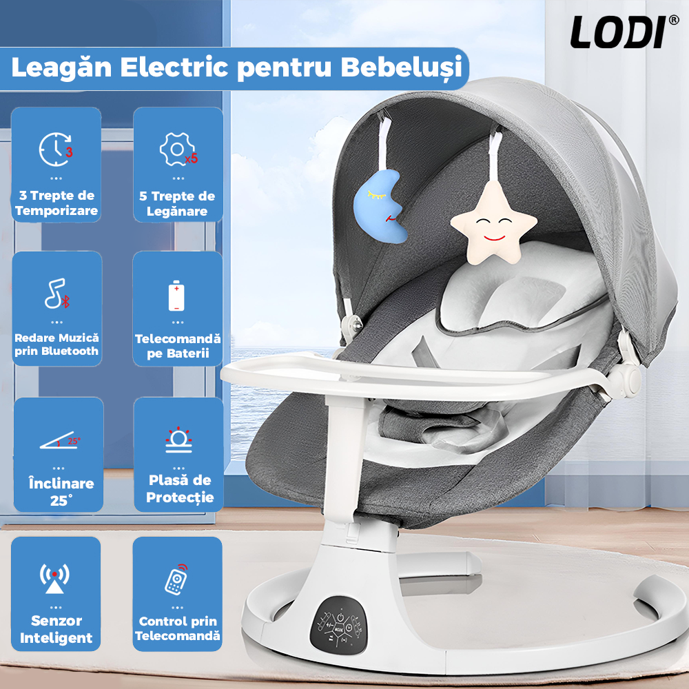 Leagan Electric Lodi986, conectivitate Bluetooth, control tactil, telecomanda, tava detasabila, acoperis rabatabil, plasa protectie tantari pentru bebelusi, jucarii, muzica, gri/alb