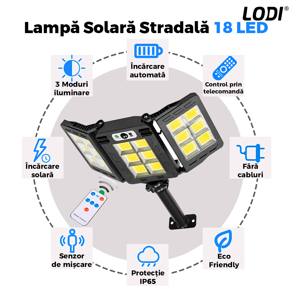 Lampa Solara Stradala 18 LED-uri Lodi875, 3 capete, control prin telecomanda, senzor de miscare, 3 moduri de iluminare, protectie IP65, Waterproof, exterior, negru