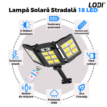Lampa Solara Stradala 18 LED-uri Lodi875, 3 capete, control prin telecomanda, senzor de miscare, 3 moduri de iluminare, protectie IP65, Waterproof, exterior, negru