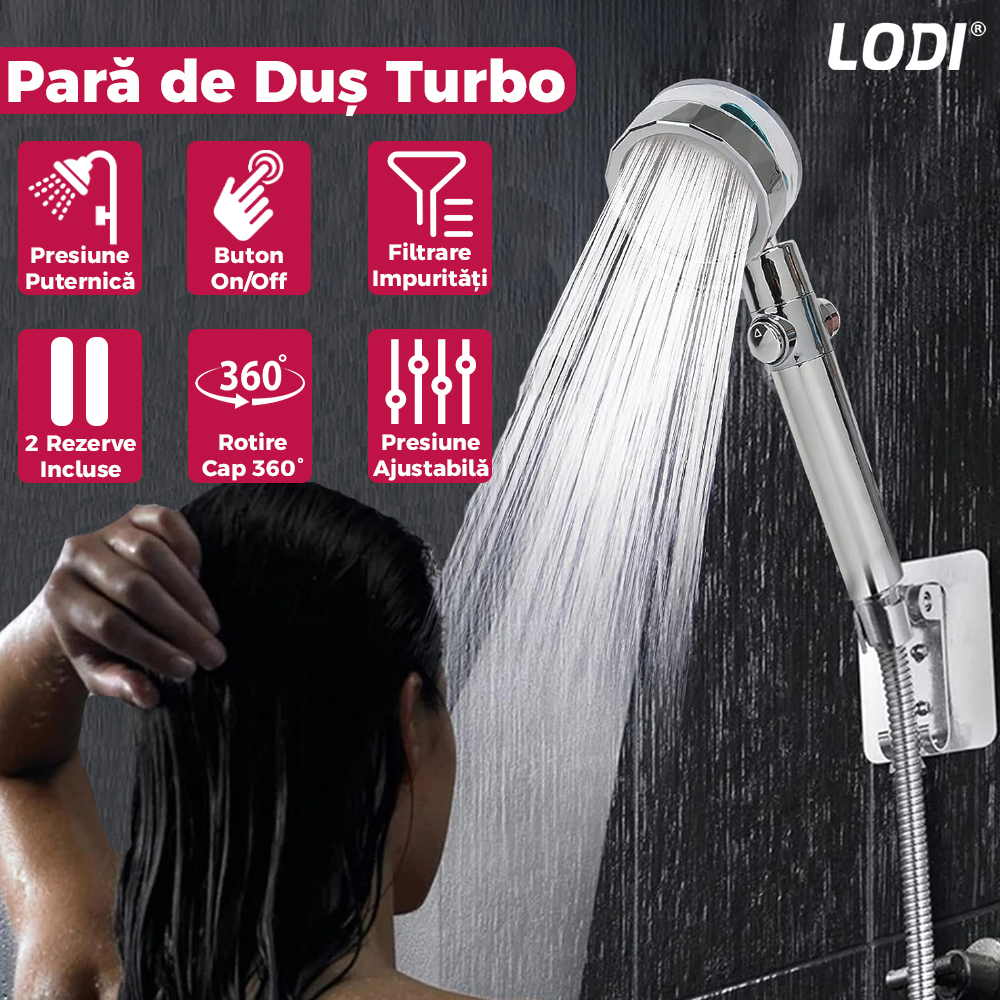 Para de Dus Turbo Lodi200, 2 filtre extra, buton On/Off, presiune ajustabila, filtrare apa, jet uniform, cap Rotativ 360°, rosu