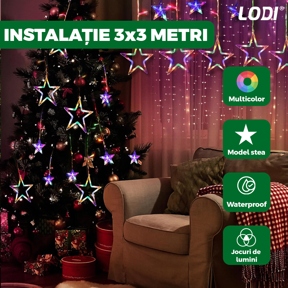 Instalatie de Craciun Tip Perdea Lodi1443, 3x3 m, model stelute, 8 jocuri de lumini, alimentare la priza, fir transparent, interior/exterior, rezistenta la apa, 12 figurine, multicolor
