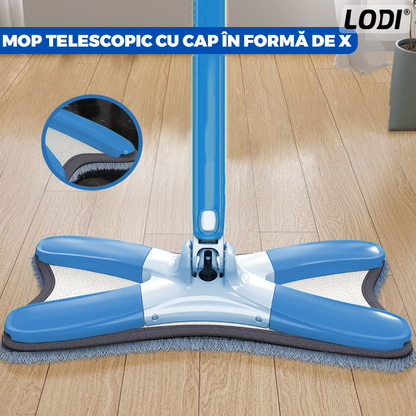 Mop cu Cap in Forma de X Lodi554, rotire 360 grade, telescopic, curatare usoara, 4 lavete incluse, 123 cm, albastru deschis