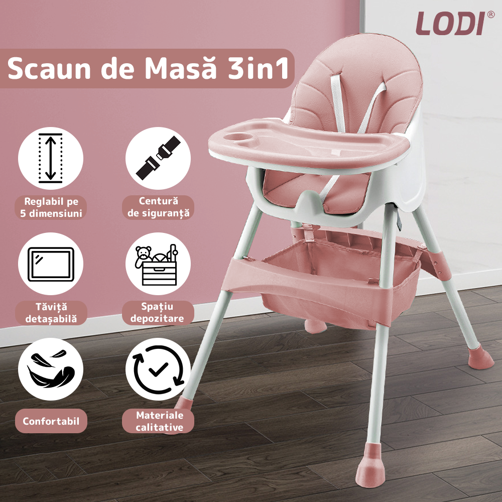 Scaun de Masa 3in1 pentru Bebelusi si Copii Lodi635, inaltime ajustabila, centura de siguranta in 5 puncte, tavita reglabila si detasabila, loc depozitare jucarii, roz pudrat