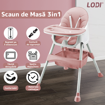 Scaun de Masa 3in1 pentru Bebelusi si Copii Lodi635, inaltime ajustabila, centura de siguranta in 5 puncte, tavita reglabila si detasabila, loc depozitare jucarii, roz pudrat