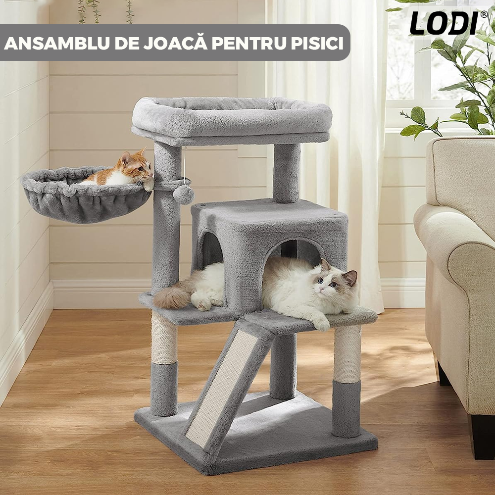 Ansamblu de Joaca pentru Pisici Lodi624, tip turn,1 platforma de observatie, 3 niveluri, 1 casuta, scara, hamac, franghie si mingiuta de joaca, stalpi pentru zgariat, captuseala extra moale, structura stabila, 96 cm, gri deschis