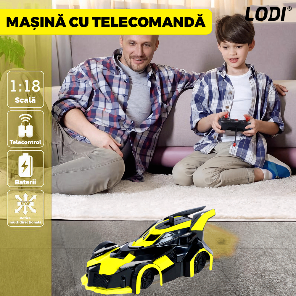 Masinuta Antigravitationala cu Telecomanda Lodi1427, urcare pe pereti si tavan, compatibila cu orice suprafata, rotire 360 de grade, senzor infrarosu, incarcare cu port USB, telecomanda intuitiva, galben/negru