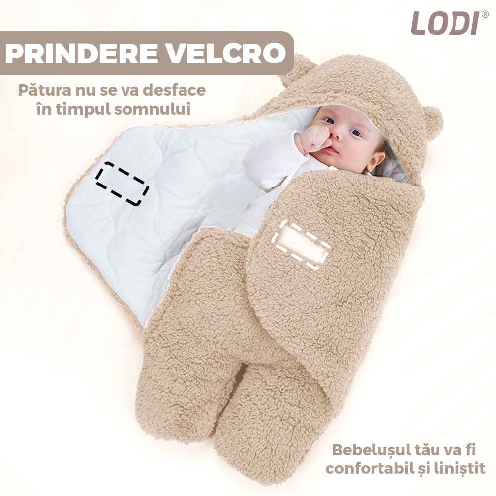 Paturica Pufoasa pentru Bebe Lodi497, calduroasa, in forma de ursulet pentru infasat bebelusi, prindere velcro, 0-6 luni, bej