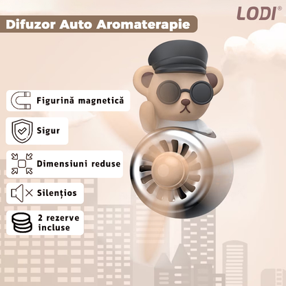 Difuzor Auto Aromaterapie Lodi335 cat pilot bear cu ochelari, kit odorizant, 2 arome cu extracte naturale incluse